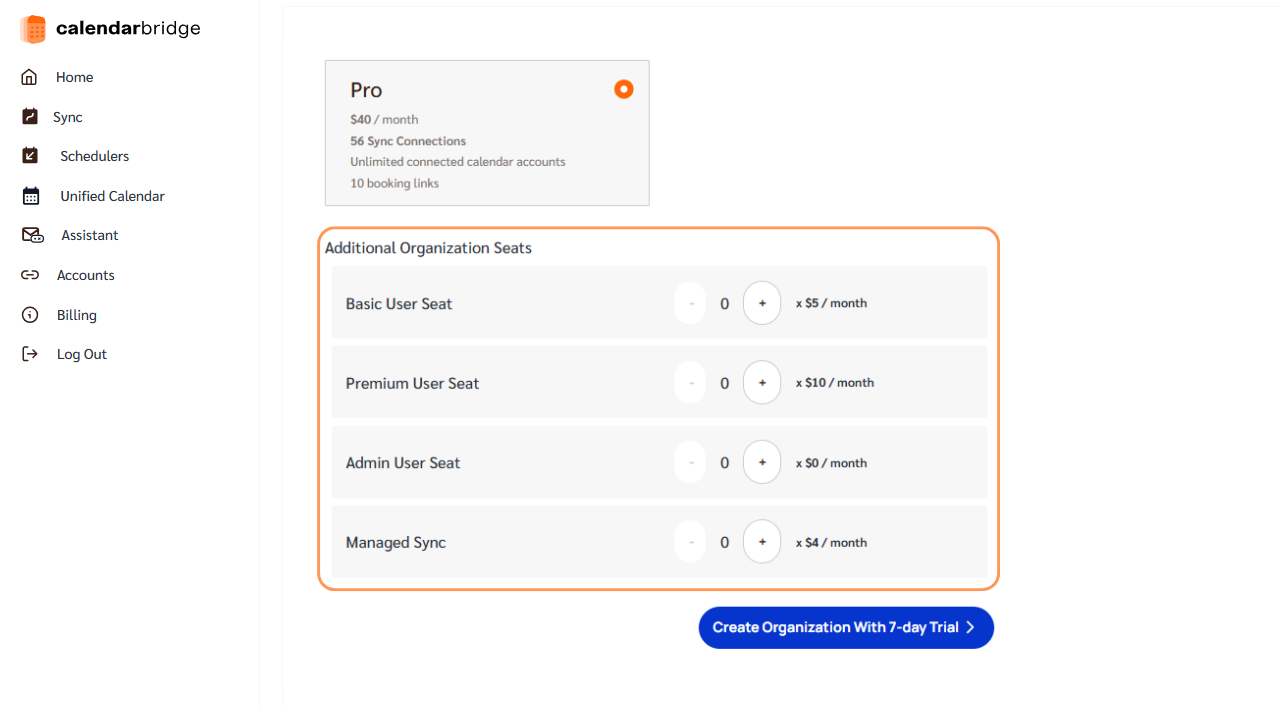 Create Organization page with seats