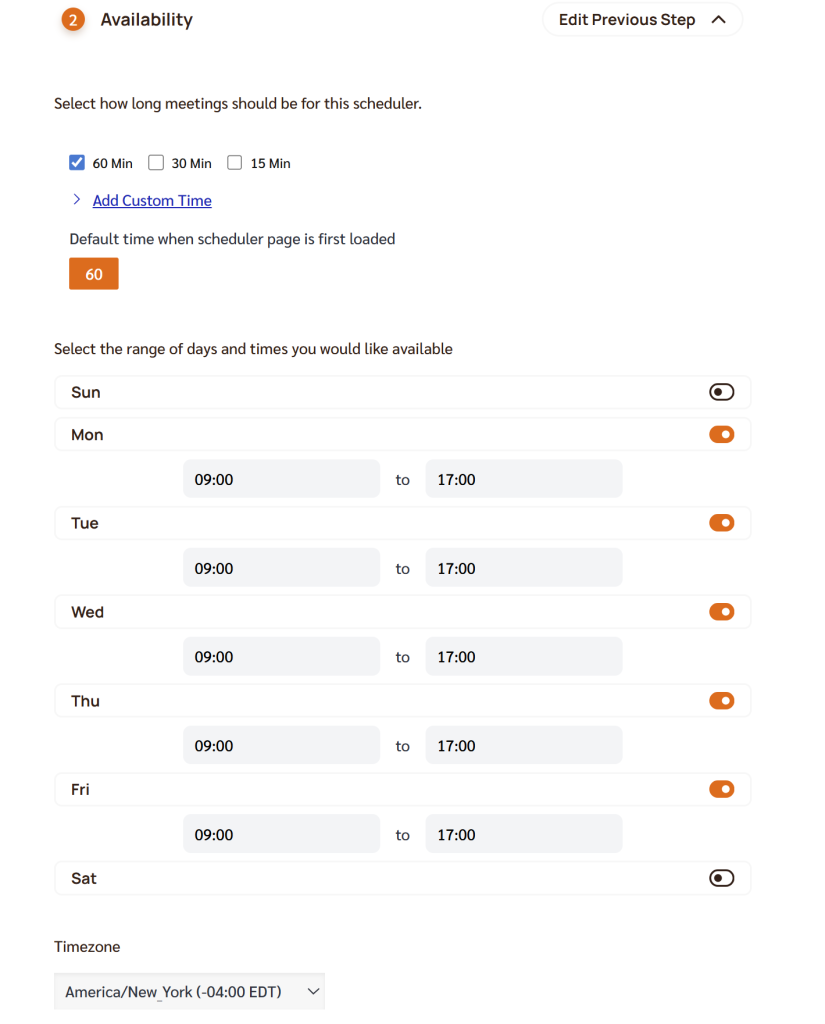 Available days and times settings