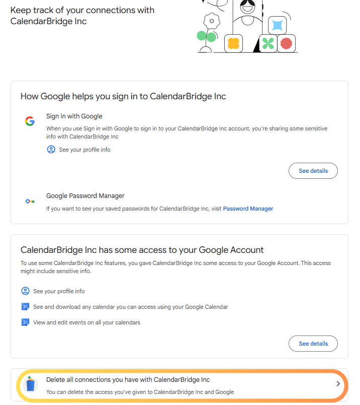 Delete all connections with CalendarBridge