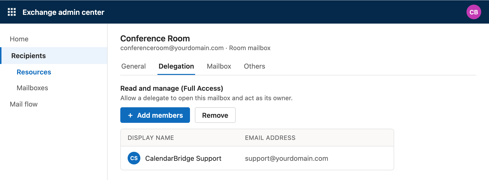 Give delegate access to the resource mailbox in the Exchange admin portal