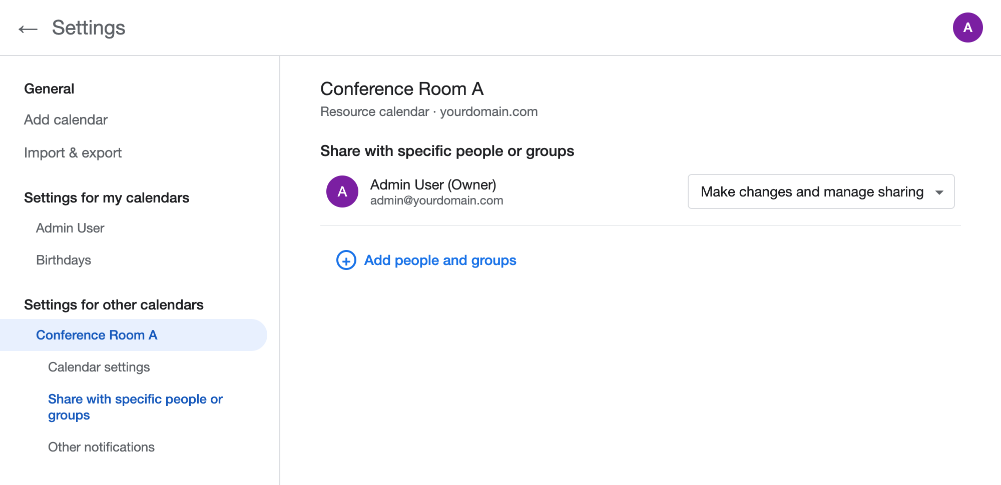 Google Calendar settings showing the Share with specific people or groups option for the selected resource calendar
