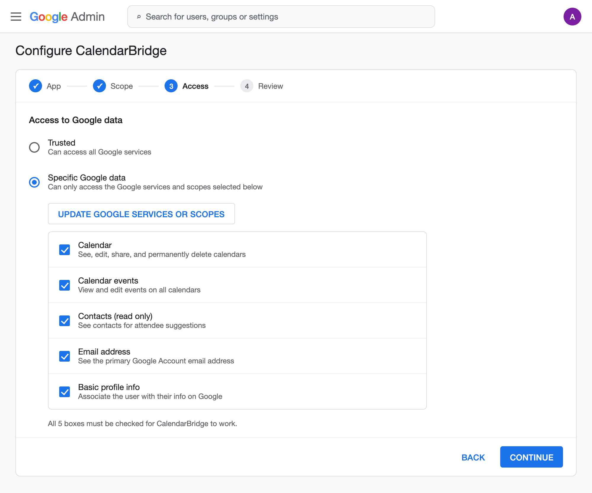 Update Google services or scopes