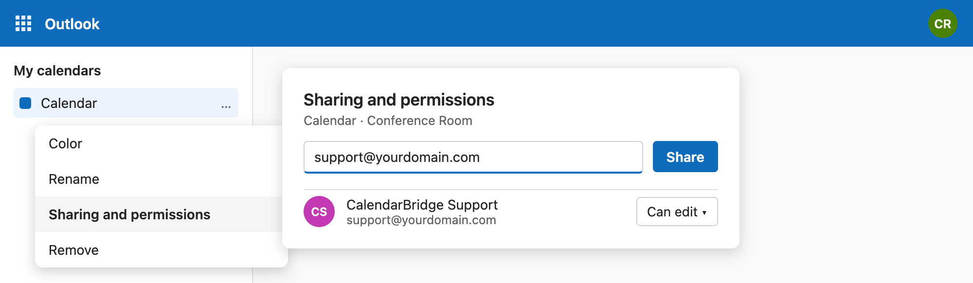 Open sharing and permissions for the resource calendar and share it with the sync user