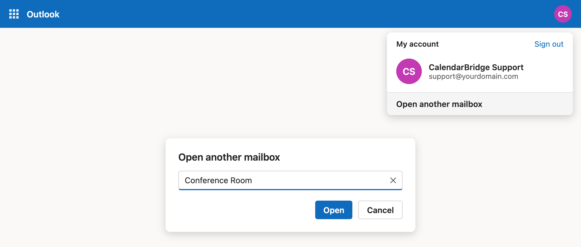 Click the profile picture and open another mailbox to log in as the resource