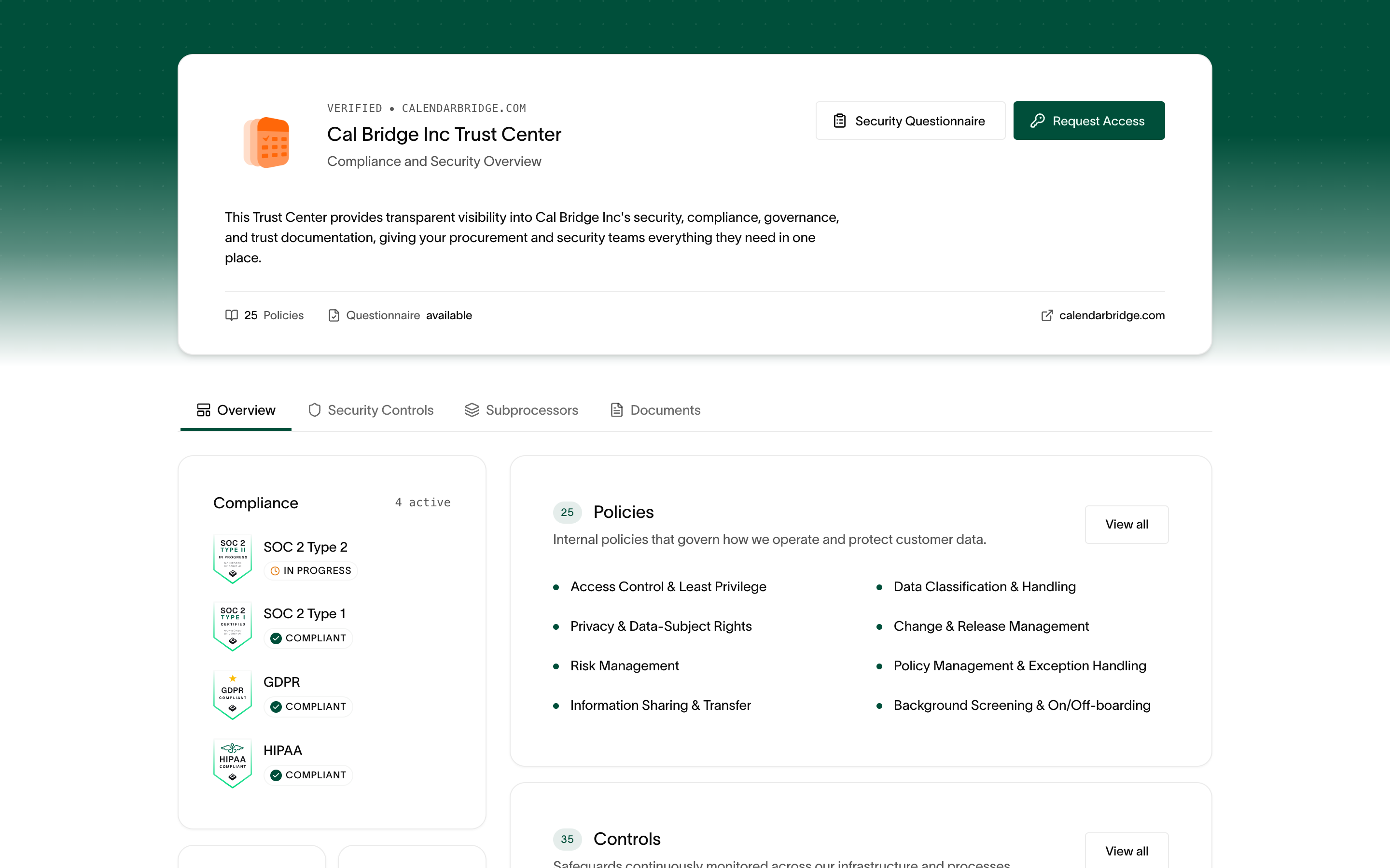 CalendarBridge Trust Portal showing SOC 2, GDPR, and HIPAA compliance certifications